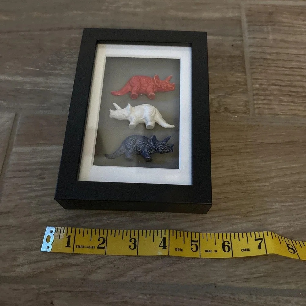 Handmade Ceramic Dinosaur In Shadow Box Triceratops‎ Red/white/blue